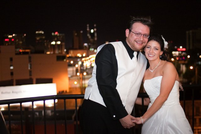 downtown skyline, nashville, night, wedding, reception, bride, groom